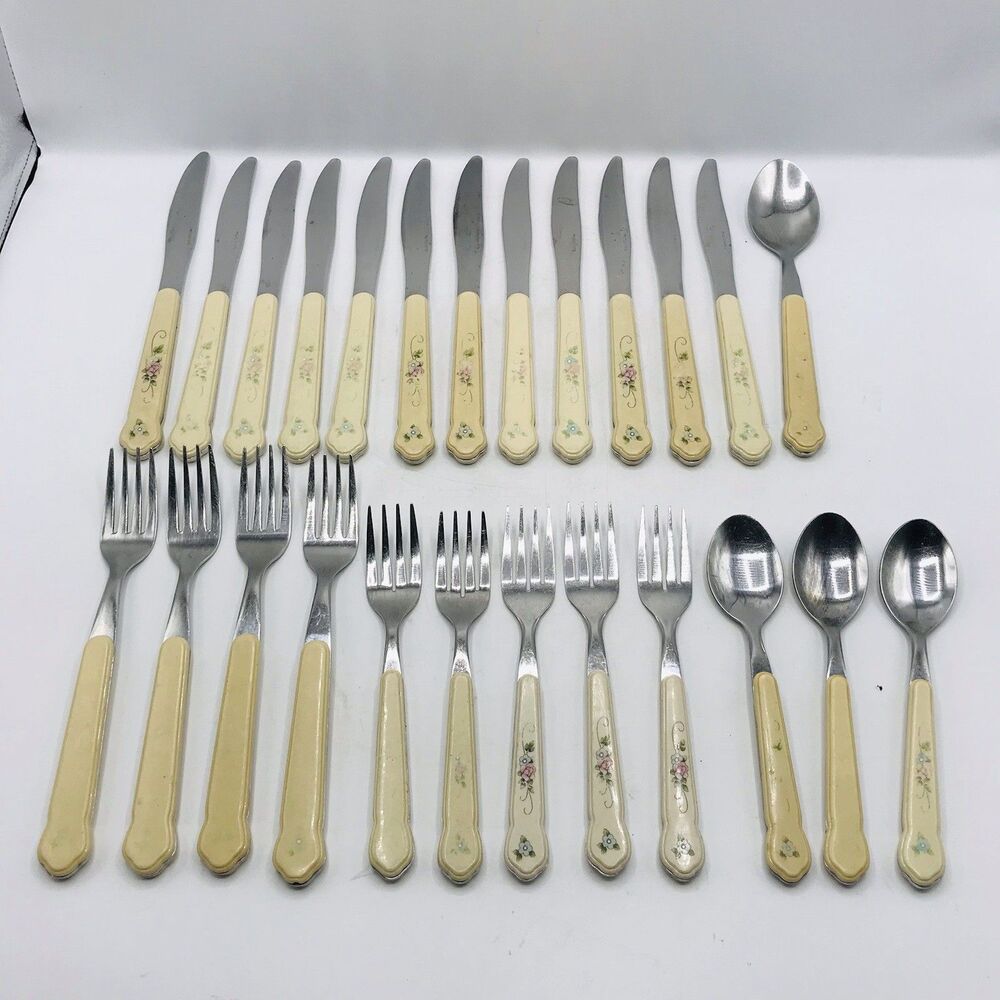 25 Pc Pfaltzgraff Perennials Tea Rose Flatware Silverware FADED USED See Pics